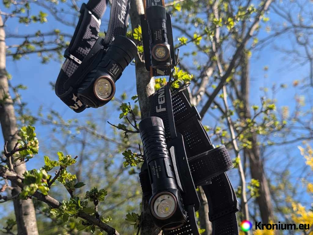 Size comparison of Fenix HM61R Amber, HM53R Garnet, and HM51R Ruby headlamps