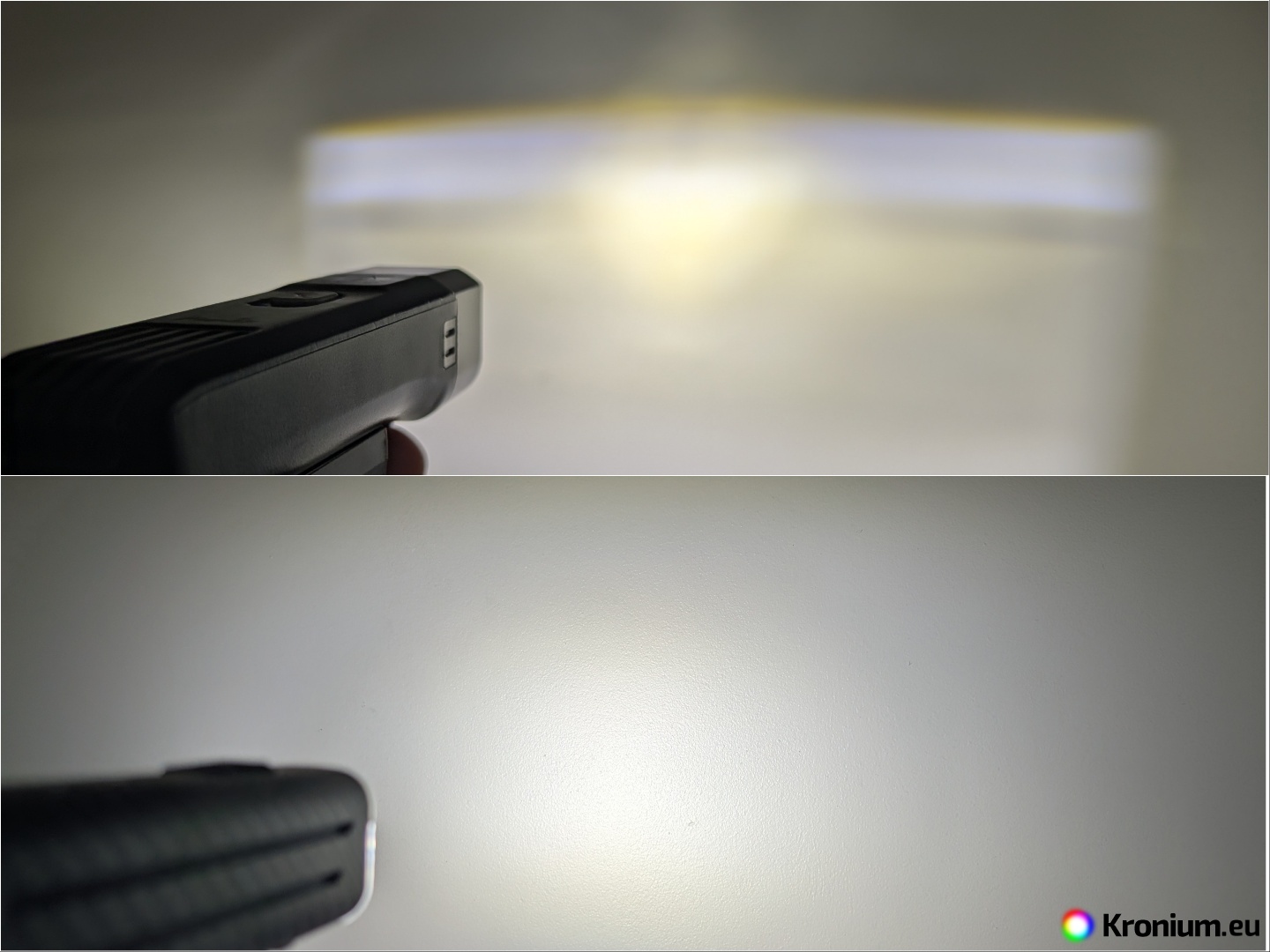 Cut-off beam on the BC25R bike light (top) vs. traditional beam on the Fenix BC28R Emerald (bottom).