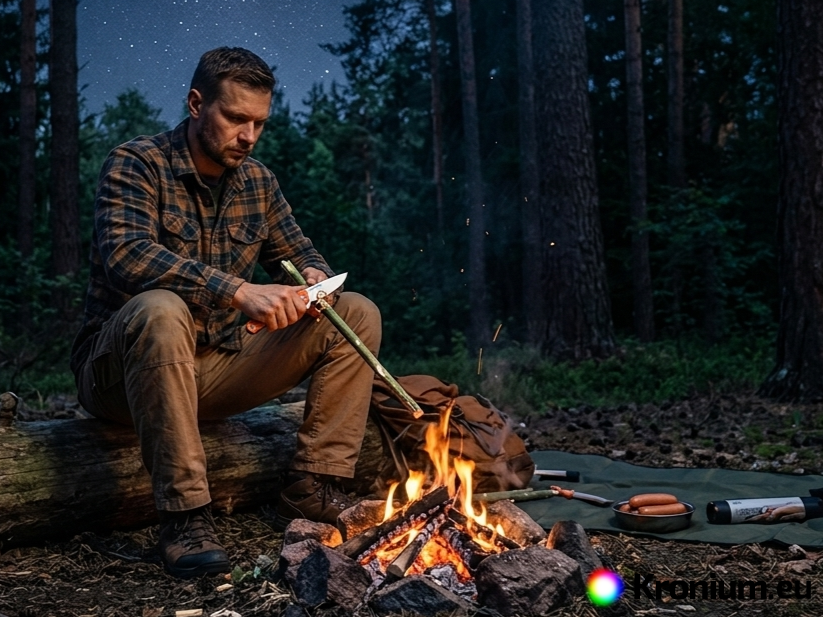 Pocket knife and roasting sausages on a fire