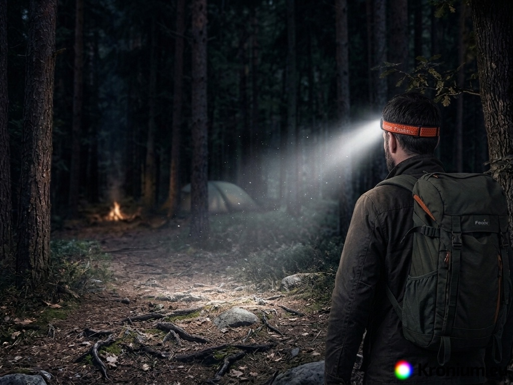Headlamp at night in the forest