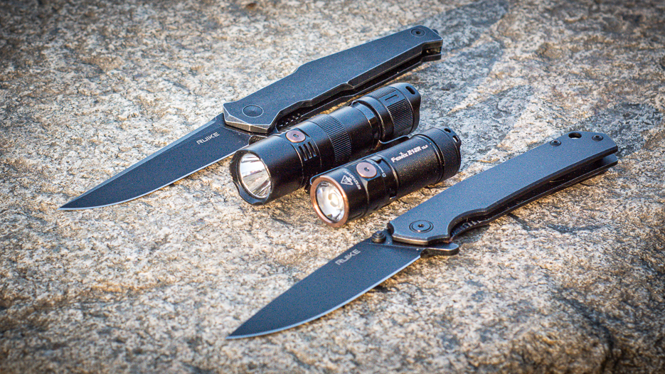 Fenix PD25R and E18R V2.0. Ruike knives P108 and P801.